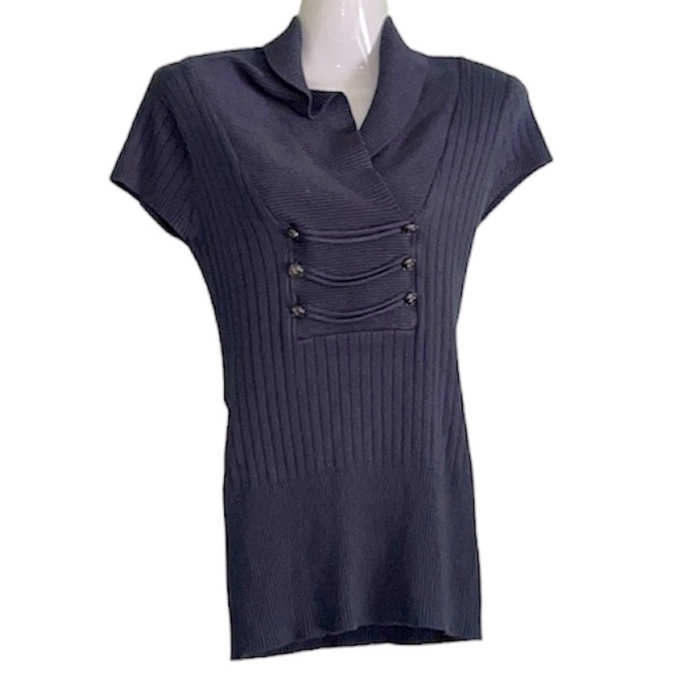 ⭐️ Sweater Project cap sleeves navy blue sweater buttons flap neck size M